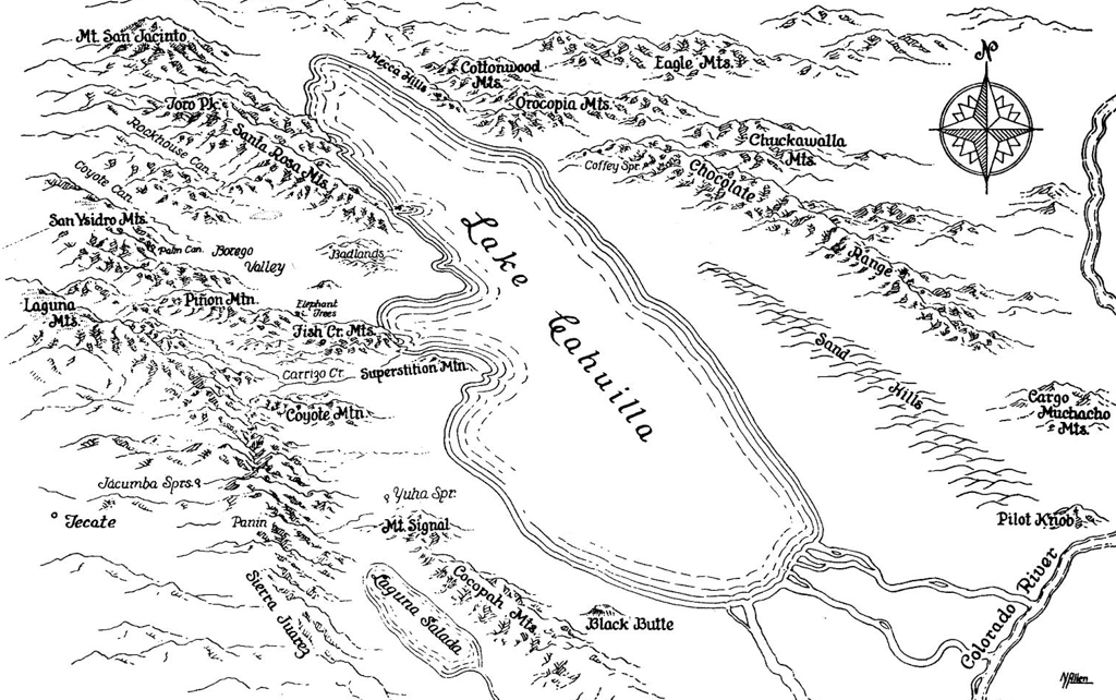 LifeOfTheSaltonSea.ORG - An illustration of Lake Cahuilla, the predecessor of the Salton Sea, and the surrounding region. It was drawn by Lawrence Norton Allen for Desert Magazine.