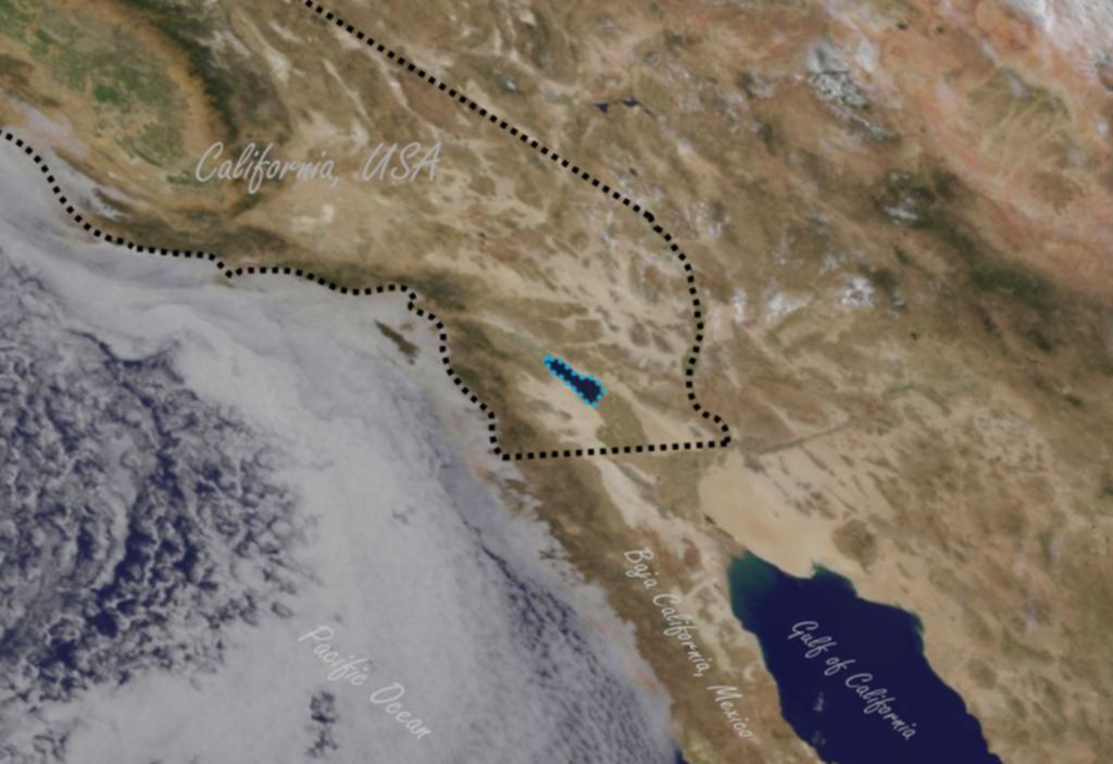 LifeOfTheSaltonSea.org - The Salton Sea, centered in an image of the western United States, taken from the NASA (National Aeronautics and Space Administration) and NOAA (National Oceanic and Atmospheric Administration) weather satellite GOES-15 (Geostationary Operational Environment Satellite launched March 4, 2010, formerly GOES-P) on July 16, 2018 from approximately 22,000 miles ( 36,000 km) above the Earth's surface, approximately 750 miles west (earth surface measurement, appx. 13° longitude west) of the Salton Sea. Several notable features are visible, including the central valley of California, the Baja Peninsula, the Gulf of California / Sea of Cortez, plus the the outer bands of Hurricane Fabio can be seen at the bottom of the image too. Notice that the Salton Sea is the only human made object visible from space at this distance. An outline of the state of California has been added to the image for reference.